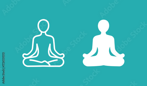 Minimalist yoga and meditation icon set of a person in the lotus position in white outline and solid styles on a teal background, symbolizing wellness, relaxation, and inner peace.
