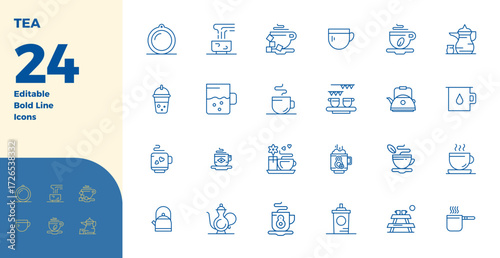 Premium collection of 24 Bold Line vector icons for Tea, meticulously crafted in 128x128 PIXEL perfect resolution for superior visual impact.
