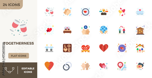Carefully curated 24 Flat Color vector icons for Togetherness, featuring 128x128 PIXEL perfect resolution for consistent brand representation and user experience.