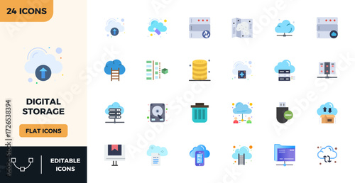 Thoughtfully designed 24 vector icons themed around Digital Storage, crafted in Flat Color with 128x128 PIXEL perfect precision for contemporary design needs.