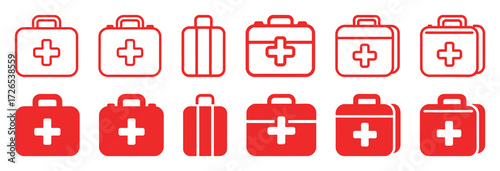 Variety of red first aid kit and medical bag icons in outline and solid styles, featuring cross symbols and different case designs for health, emergency, and medicine concepts.