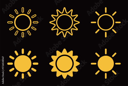 Extensive collection of yellow sun icons in outline and solid styles on a black background, with various ray and spiky designs, representing summer, weather, heat, and energy concepts.