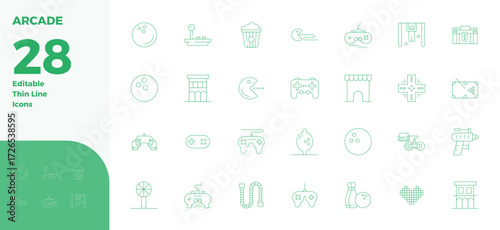 Discover a set of 28 Thin Line vector icons crafted for the Arcade theme, featuring 128x128 PIXEL perfect designs ideal for modern UI/UX projects.