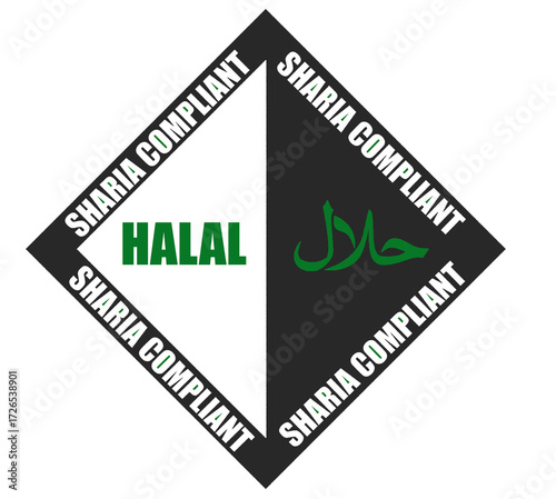 Text design featuring Sharia Compliant and Halal in both Arabic and English, symbolizing Islamic finance, halal certification, faith, culture, business, and global trade concepts.