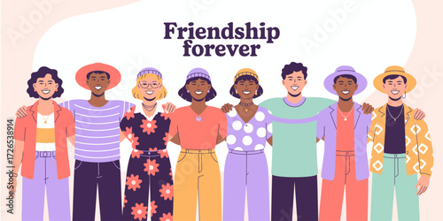 Diverse group of friends standing together arms linked in unity