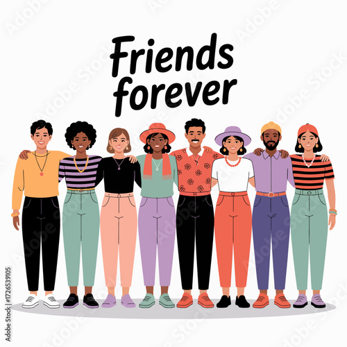 A diverse group of friends standing together with arms around each other