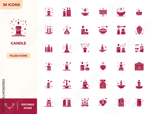 Ultimate collection of 36 vector icons representing Candle in Filled aesthetic, optimized with 128x128 PIXEL perfect resolution for maximum impact.