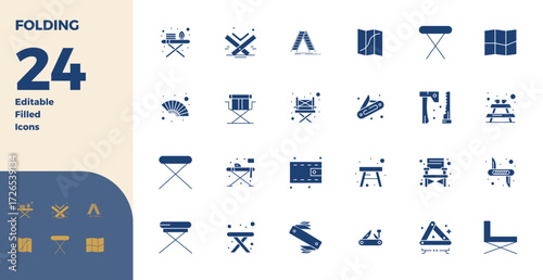 Comprehensive bundle featuring 24 vector icons in Glyph Filled design for Folding, delivered in crisp 128x128 PIXEL perfect quality.