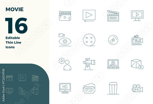 Perfectly balanced 16 Thin Line PIXEL perfect vector icons for Movie, sized at 128x128 for harmonious integration in digital design projects.