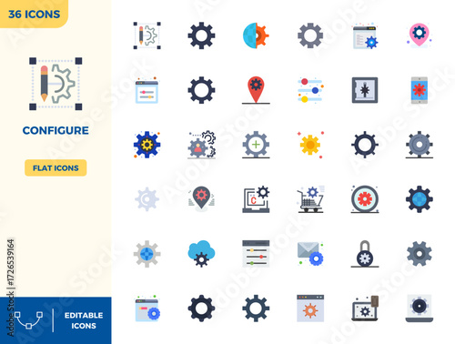 Ultimate collection of 36 vector icons representing Configure in Flat Color aesthetic, optimized with 128x128 PIXEL perfect resolution for maximum impact.