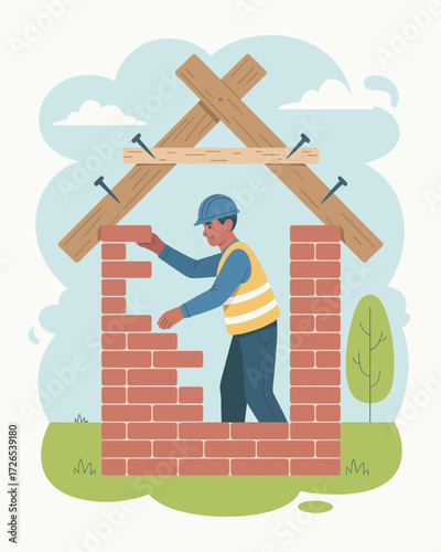 Construction worker building a brick house with wooden framework support