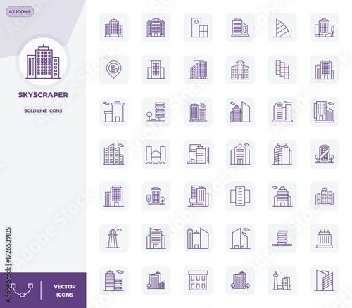 Unlock 42 Bold Line PIXEL perfect vector icons inspired by Skyscraper, optimized in 128x128 format for flawless display across all devices.