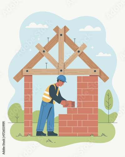 Construction worker building a brick wall under wooden roof structure