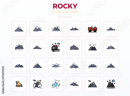 Collection of 24 LineFill PIXEL perfect vector icons for Rocky, designed in 128x128 format for clarity and versatility.
