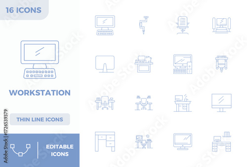 Carefully curated 16 Minimal Line vector icons for Workstation, featuring 128x128 PIXEL perfect resolution for consistent brand representation and user experience.