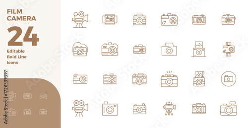 Precision-engineered 24 Bold Line vector icons for Film Camera, designed at 128x128 PIXEL perfect resolution for exceptional clarity and scalability.
