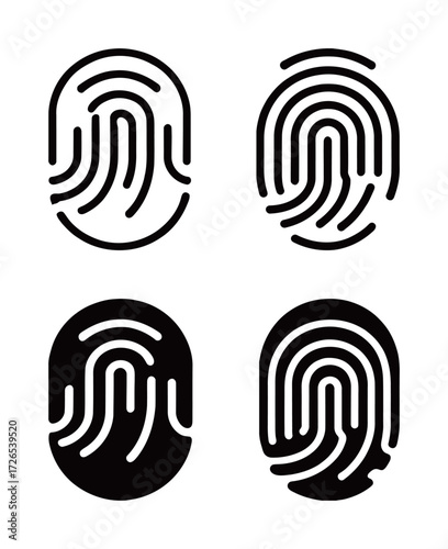 Detailed set of fingerprint icons in black and white outline and solid styles, symbolizing biometric security, identity, touch ID, privacy, and authentication concepts.