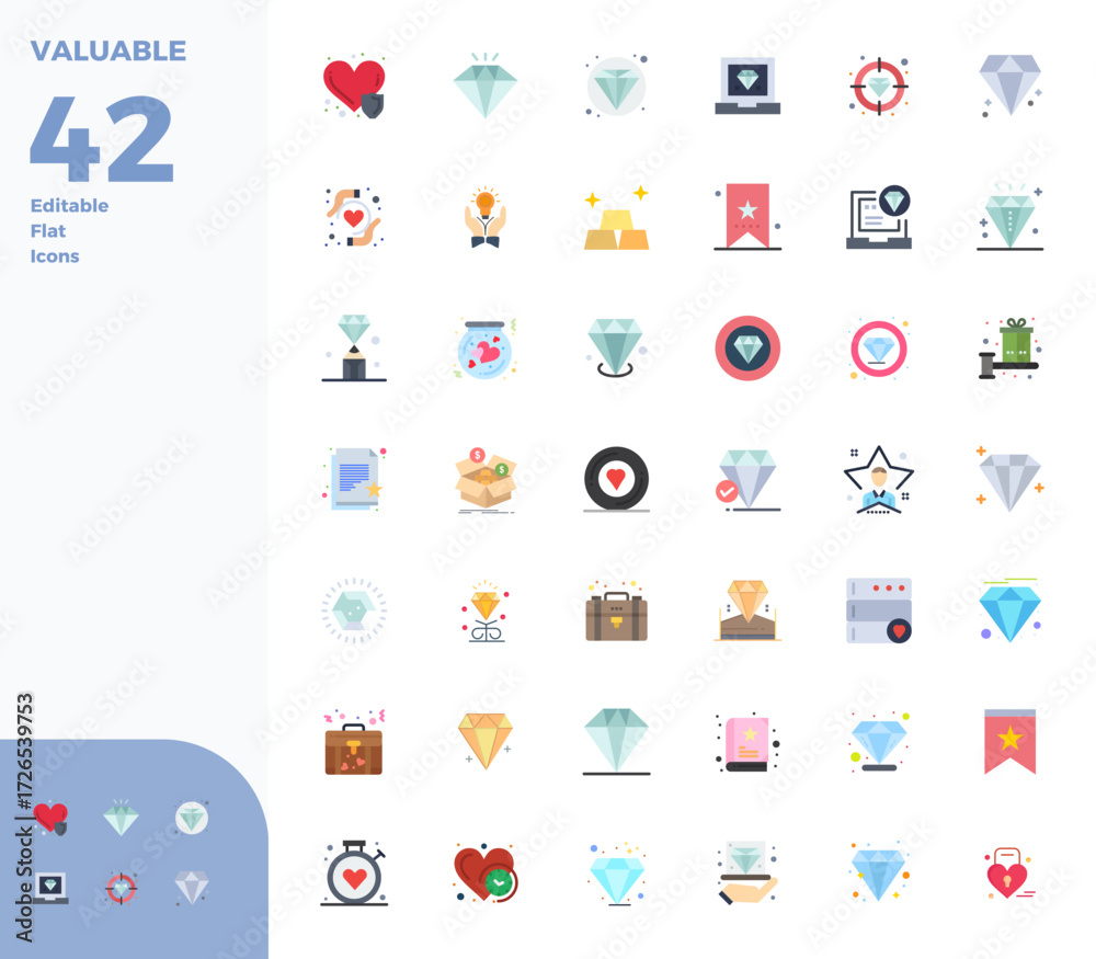 Naklejka premium A clean collection of 42 Flat vector icons representing Valuable, designed in 128x128 PIXEL perfect format for modern dashboards and interfaces.
