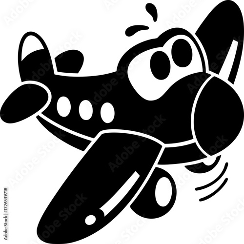 Cartoon airplane with playful expression flies through air, showcasing its large wings and round windows. illustration is simple and monochrome, emphasizing airplane cheerful character