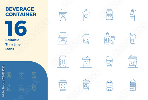 Transform your designs with 16 Thin Line vector icons themed around Beverage Container, engineered in 128x128 PIXEL perfect resolution for maximum clarity.
