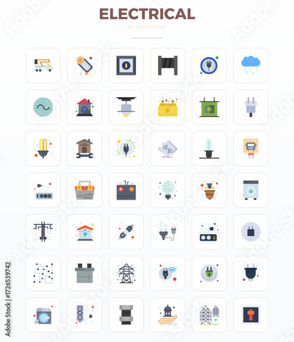 Contemporary collection of 42 vector icons representing Electrical in Minimal Flat aesthetic, featuring 128x128 PIXEL perfect resolution for modern application development.