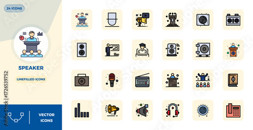Sophisticated bundle of 24 LineFilled vector icons for Speaker, engineered with 128x128 PIXEL perfect clarity for professional applications.