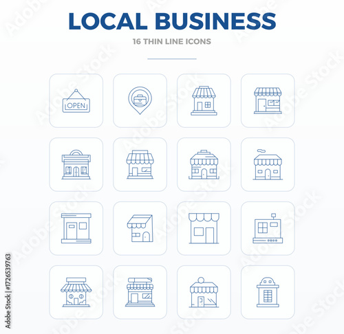 Expertly designed 16 Thin Outline PIXEL perfect vector icons for Local Business, engineered at 128x128 resolution for flawless integration and performance.