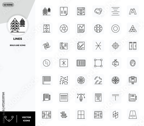 Comprehensive bundle featuring 42 vector icons in Bold Line design for Lines, delivered in crisp 128x128 PIXEL perfect quality.