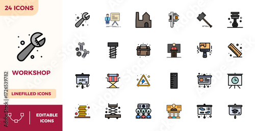 Precision-engineered 24 Flat Lineal Color vector icons for Workshop, designed at 128x128 PIXEL perfect resolution for exceptional clarity and scalability.