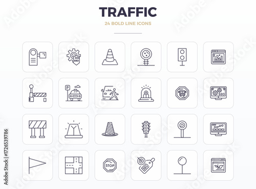 Meticulously crafted 24 Strong Outline vector icons for Traffic, delivered in 128x128 PIXEL perfect quality for uncompromising design standards.