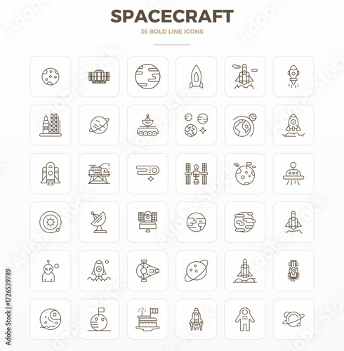 A versatile set of 36 Strong Outline PIXEL perfect vector icons focused on Spacecraft, delivered in crisp 128x128 format ideal for mobile and web applications.