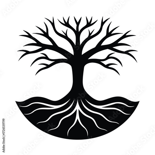 Black tree with spreading roots and branches silhouette