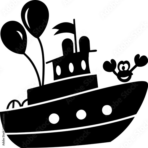 Playful illustration of boat with balloons and cheerful crab, evoking sense of adventure and fun. simple, cartoonish style adds whimsical touch to scene