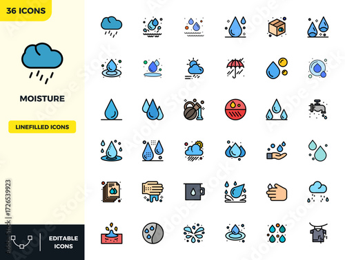 Masterfully created 36 vector icons representing Moisture in Flat Lineal Color design, featuring 128x128 PIXEL perfect resolution for exceptional visual quality.