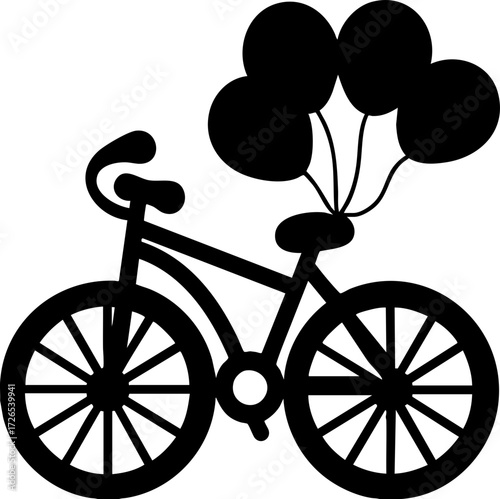 Bicycle with balloons attached to seat creates whimsical and playful image, symbolizing freedom and joy. simple black silhouette design adds modern and minimalist touch