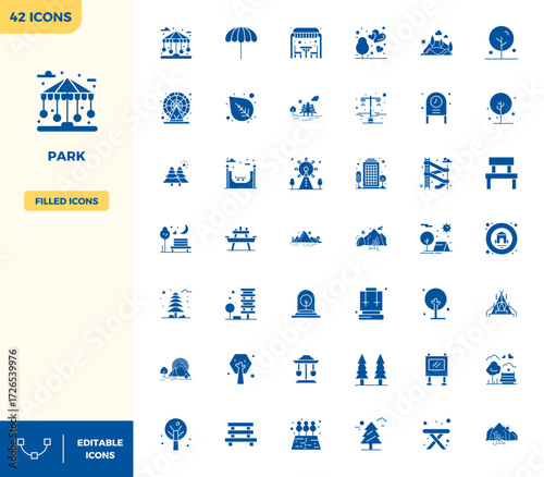 A versatile set of 42 Filled PIXEL perfect vector icons focused on Park, delivered in crisp 128x128 format ideal for mobile and web applications.