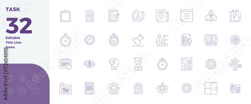 Collection of 32 Thin Line PIXEL perfect vector icons for Task, designed in 128x128 format for clarity and versatility.