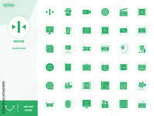 Precision-engineered 36 Filled vector icons for Movie, designed at 128x128 PIXEL perfect resolution for exceptional clarity and scalability.
