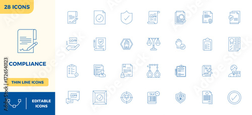 Intelligently designed 28 PIXEL perfect vector icons inspired by Compliance, created in Minimal Line format at 128x128 for smart and efficient design workflows.