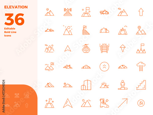 Professionally designed 36 vector icons in Bold Line, capturing the essence of Elevation with 128x128 PIXEL perfect precision for UI design.