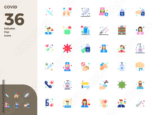 Intelligently designed 36 PIXEL perfect vector icons inspired by Covid, created in Flat format at 128x128 for smart and efficient design workflows.