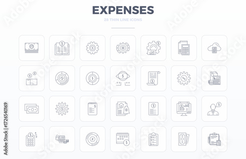 A clean collection of 28 Thin Outline vector icons representing Expenses, designed in 128x128 PIXEL perfect format for modern dashboards and interfaces.
