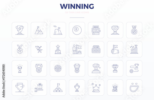 Curated pack of 28 128x128 vector icons in Thin Outline design, centered around Winning concepts with PIXEL perfect clarity.