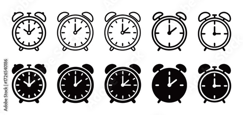 Comprehensive set of black and white analog alarm clock icons in outline and solid styles, representing time, schedule, wake up, deadline, and reminder concepts for design.