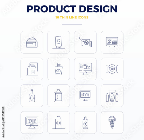 Ultimate collection of 16 vector icons representing Product Design in Thin Outline aesthetic, optimized with 128x128 PIXEL perfect resolution for maximum impact.