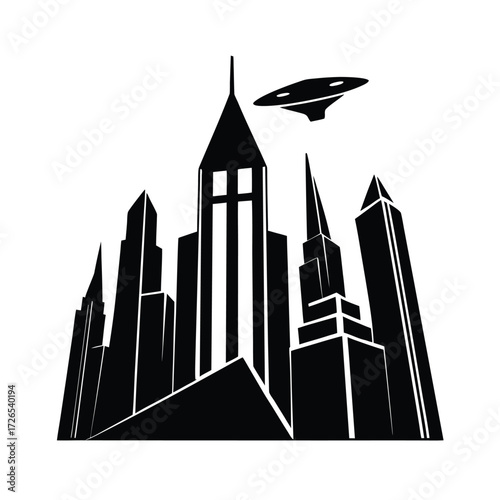 Futuristic city skyline with flying saucer skyscrapers