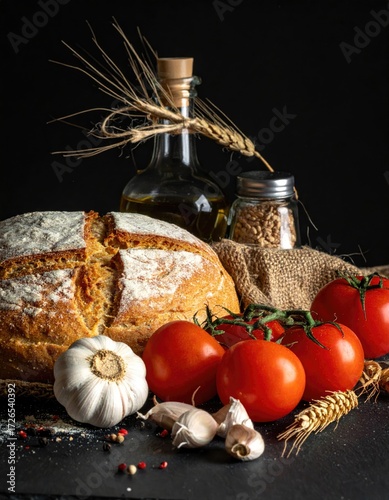 Freshly baked loaf of bread, tomatoes, garlic, olive oil, and wheat