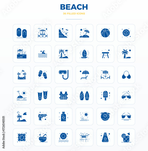 Vector pack with 36 SolidFill PIXEL perfect icons inspired by Beach, delivered in 128x128 resolution ideal for scalable and creative design work.
