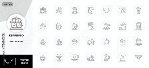 Contemporary collection of 28 vector icons representing Espresso in Thin Line aesthetic, featuring 128x128 PIXEL perfect resolution for modern application development.