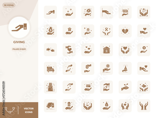 Handcrafted collection featuring 36 Filled vector icons for Giving, optimized in 128x128 PIXEL perfect resolution for premium digital experiences.
